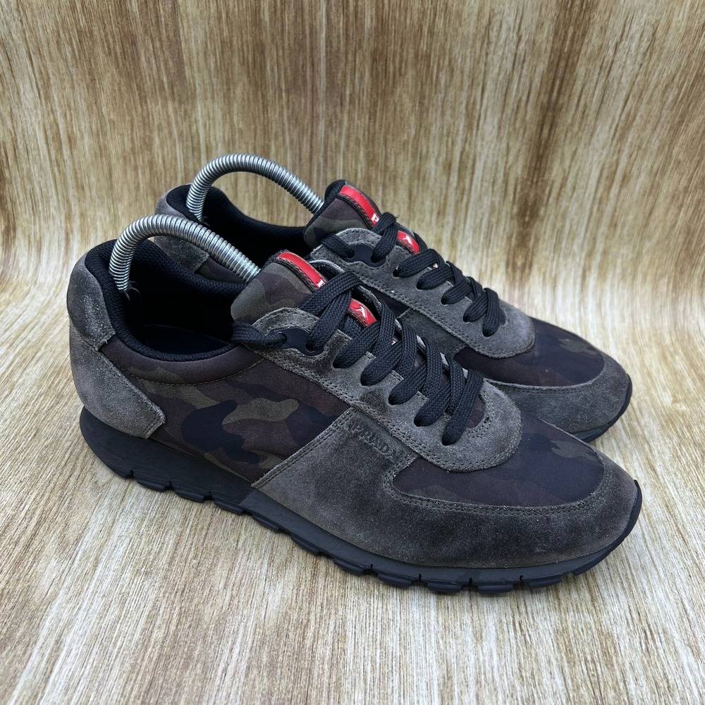 Prada Matchrace Sneakers Men's Size 7 Grey Camo Suede Nylon Low Top Trainers
